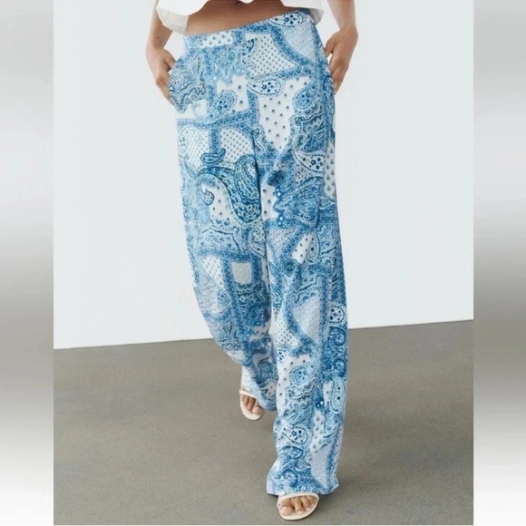 ZARA PAISLEY PRINT BLUE WHITE WIDE LEG PANTS - Picture 3 of 8